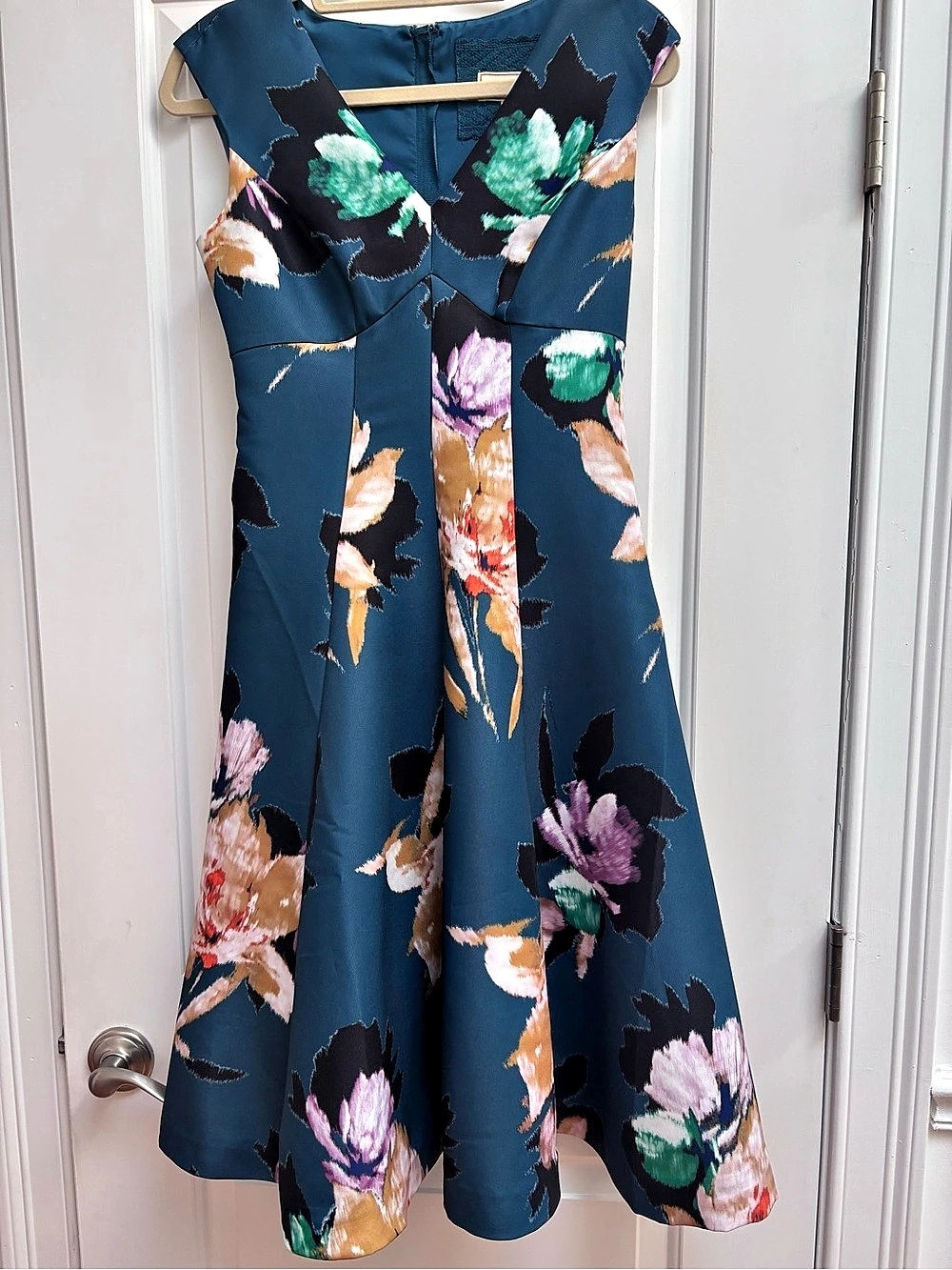 Moulinette Soeurs Anthropologie Baikal Dress Sz 2 Teal Floral Fit & Flare